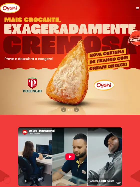 Primeira dobra do site da Oyshi: o título Mais crocante, exageradamente cremosa em fundo vermelho, ao lado da foto de uma coxinha cortada ao meio.