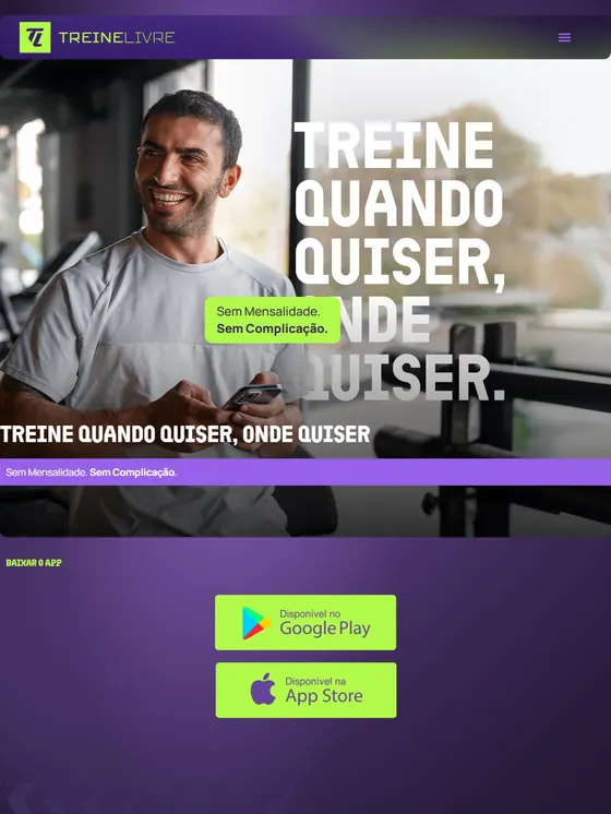 Primeira dobra da página do Treine Livre: o título Treine quando quiser, onde quiser sobre a foto de um homem com o celular na academia.